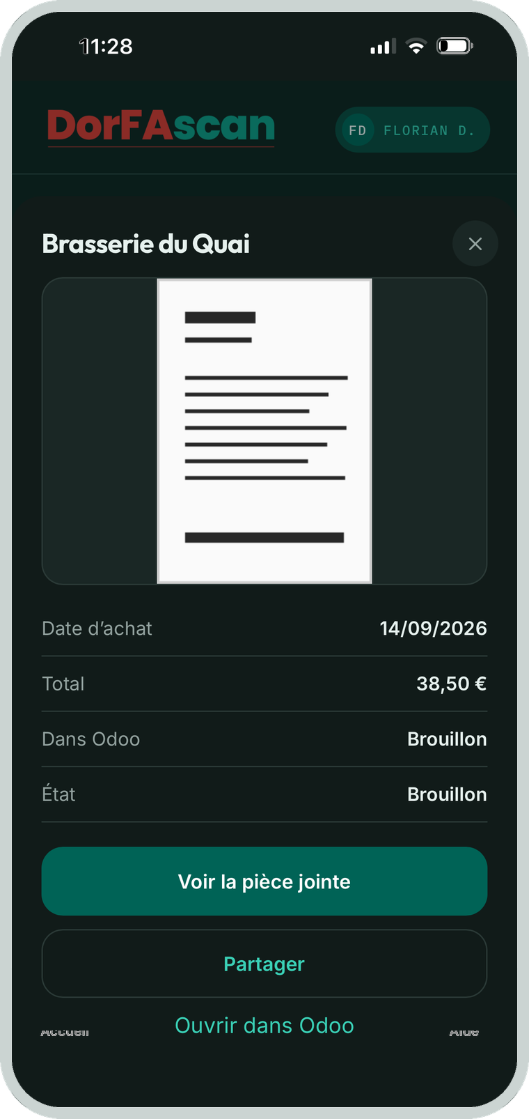 Le détail d'un ticket dans DorFAscan : la pièce jointe, et l'état Brouillon dans Odoo