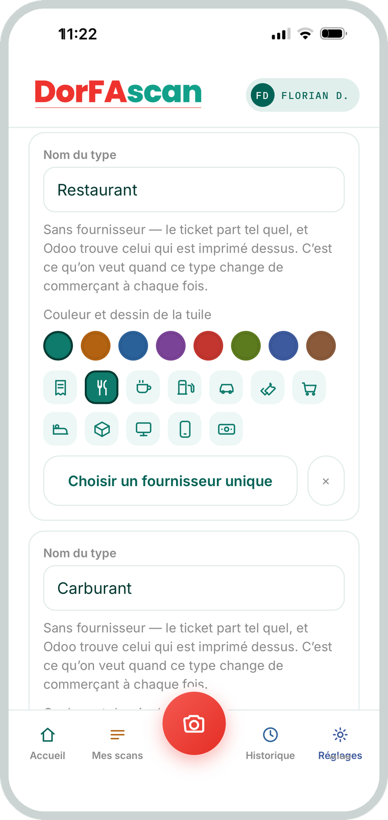 Les types de tickets dans DorFAscan : nom, couleur et dessin